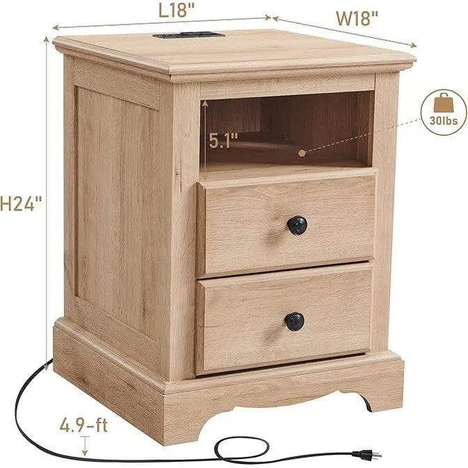 Comodino Vintage in Legno con Stazione di Ricarica – Ciliegio / Bianco Antico / Espresso / Rovere Naturale, Singolo