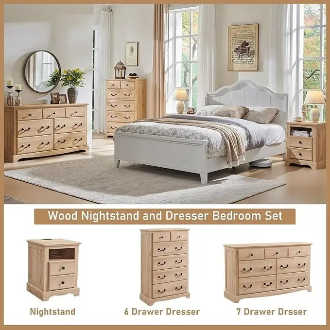 Comodino Vintage in Legno con Stazione di Ricarica – Ciliegio / Bianco Antico / Espresso / Rovere Naturale, Singolo