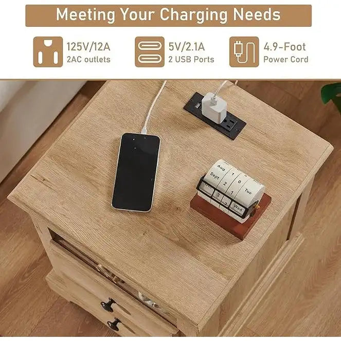 Comodino Vintage in Legno con Stazione di Ricarica – Ciliegio / Bianco Antico / Espresso / Rovere Naturale, Singolo