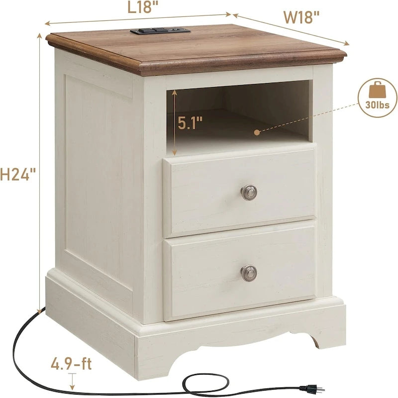 Comodino Vintage in Legno con Stazione di Ricarica – Ciliegio / Bianco Antico / Espresso / Rovere Naturale, Singolo