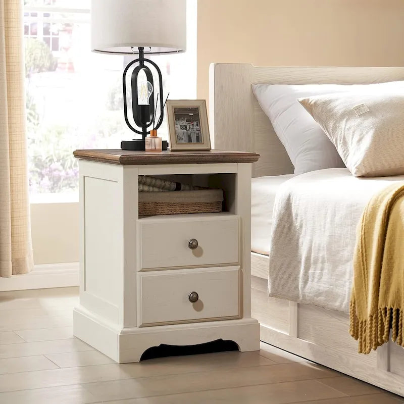 Comodino Vintage in Legno con Stazione di Ricarica – Ciliegio / Bianco Antico / Espresso / Rovere Naturale, Singolo