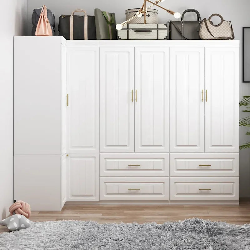Armadio modulare bianco e oro con appendiabiti e cassetti – Bianco/Oro, unità singola