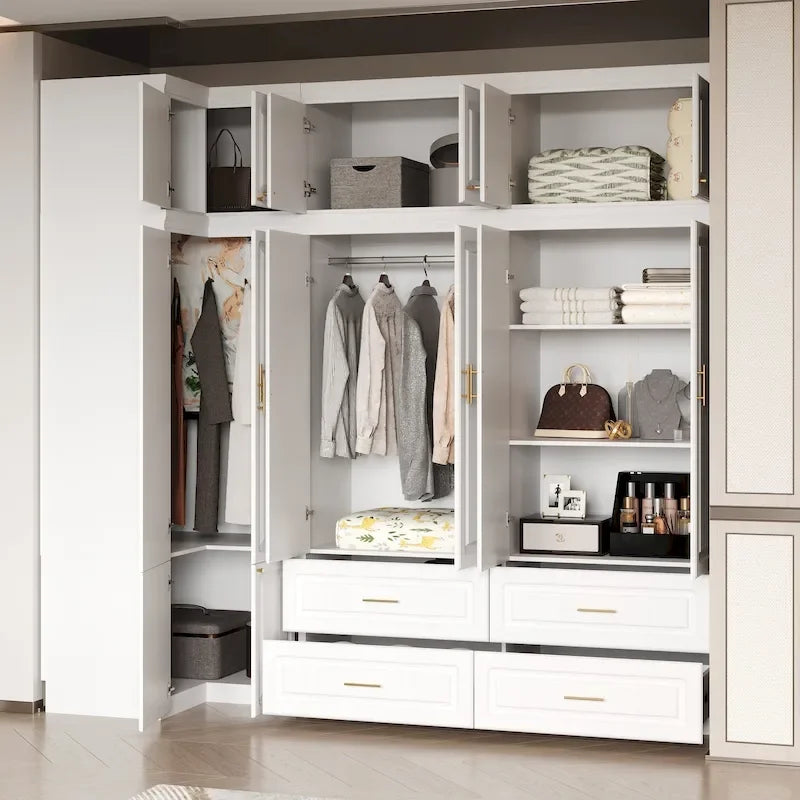 Armadio modulare bianco e oro con appendiabiti e cassetti – Bianco/Oro, unità singola