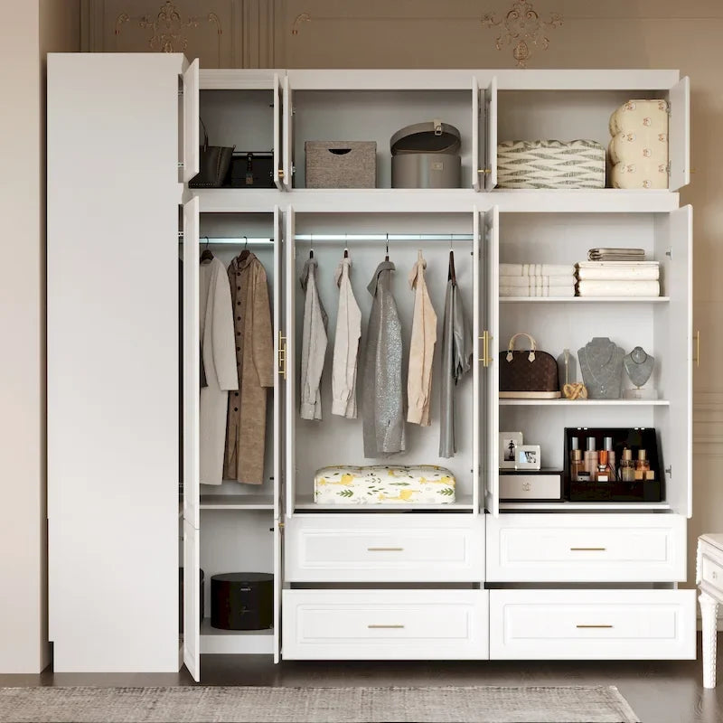 Armadio modulare bianco e oro con appendiabiti e cassetti – Bianco/Oro, unità singola