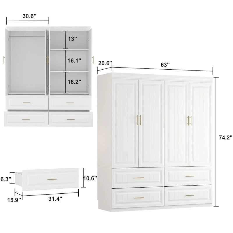 Armadio modulare bianco e oro con appendiabiti e cassetti – Bianco/Oro, unità singola