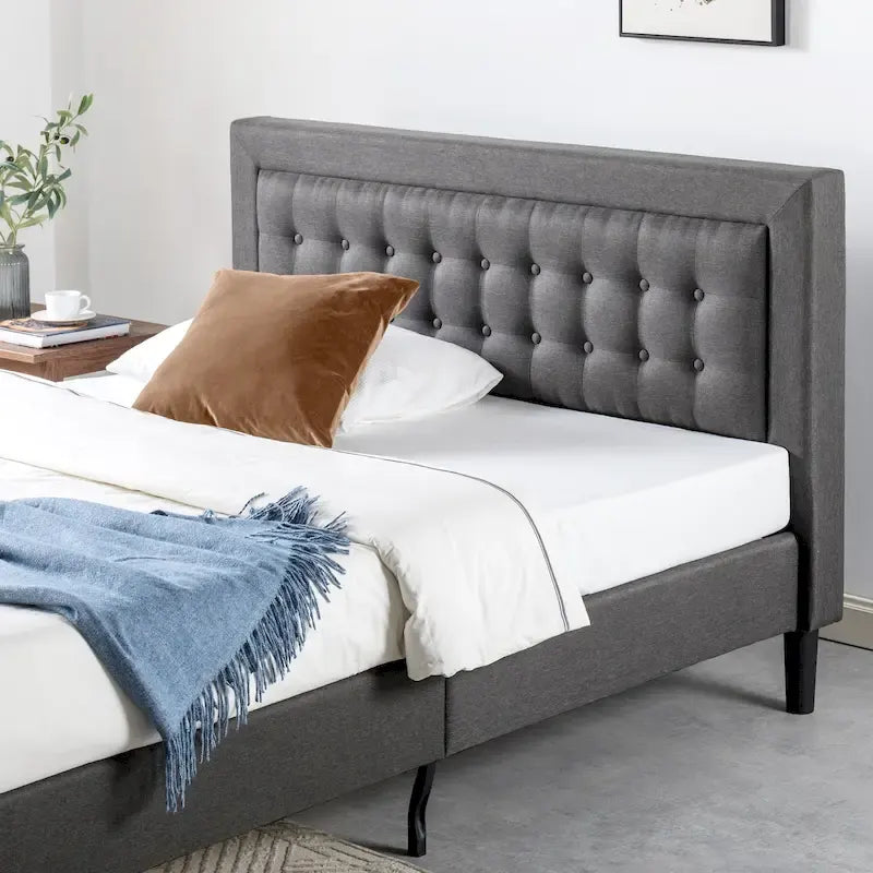 Letto a piattaforma imbottito con bottoni, base a doghe in legno – Grigio scuro, California King, 2 posti letto