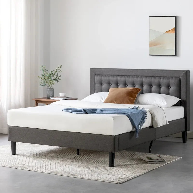 Letto a piattaforma imbottito con bottoni, base a doghe in legno – Grigio scuro, California King, 2 posti letto