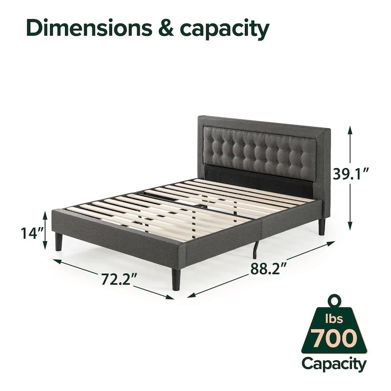 Letto a piattaforma imbottito con bottoni, base a doghe in legno – Grigio scuro, California King, 2 posti letto