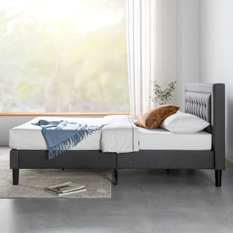 Letto a piattaforma imbottito con bottoni, base a doghe in legno – Grigio scuro, California King, 2 posti letto