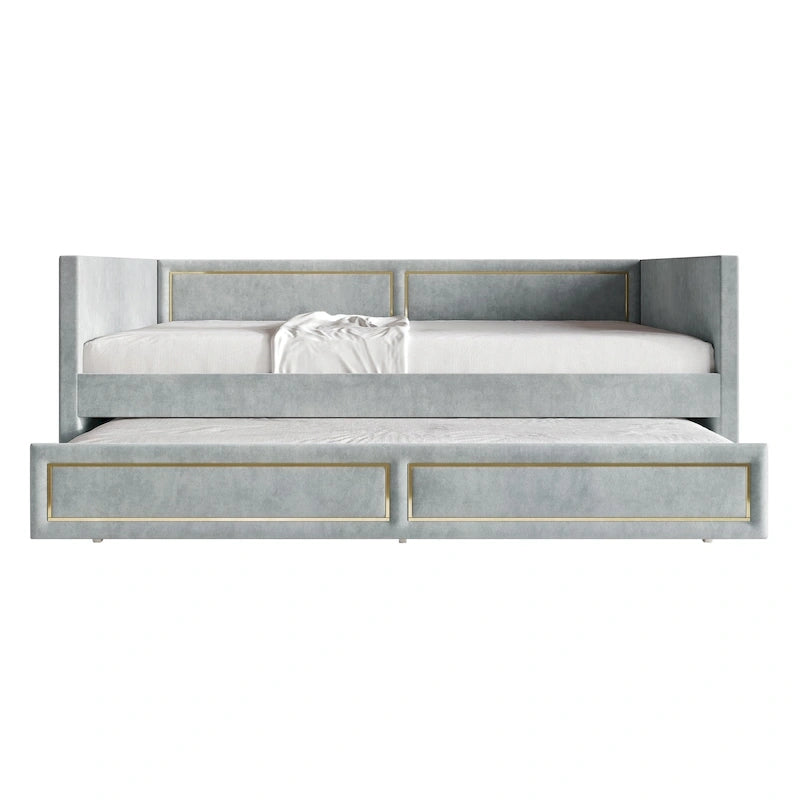 Divano Letto Singolo Imbottito in Velluto con Letto Estraibile, Pannello Bracciolo Alto e Dettagli in PU Dorato – Grigio Argento / Nero / Blu Navy, Posti Letto 1-2