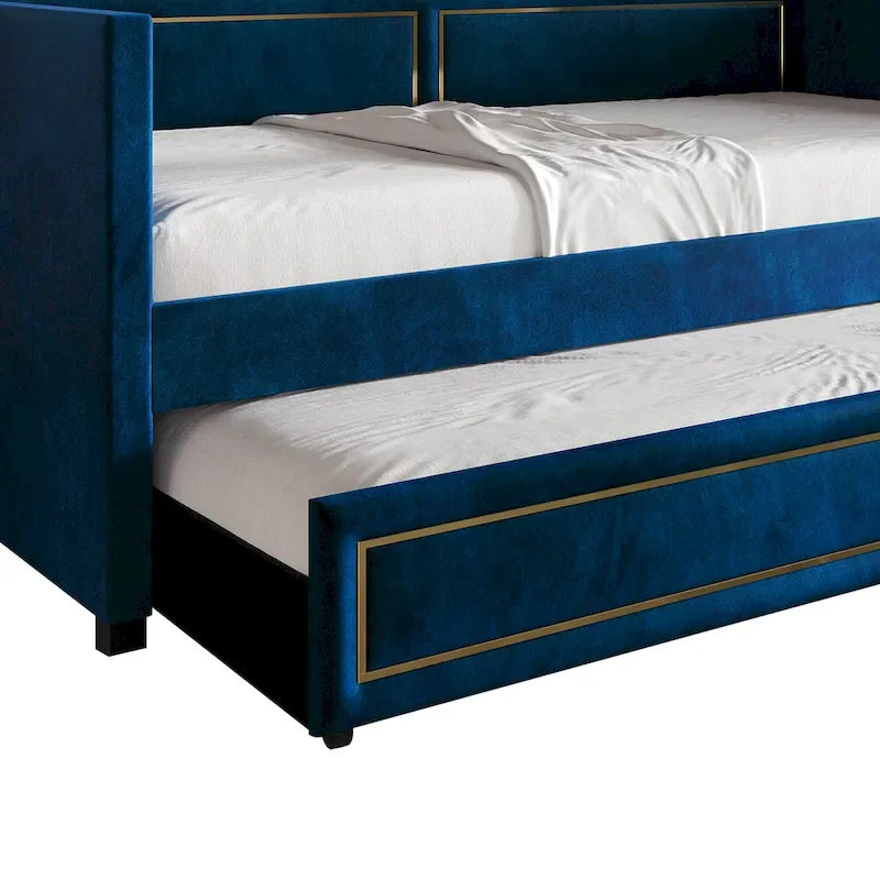 Divano Letto Singolo Imbottito in Velluto con Letto Estraibile, Pannello Bracciolo Alto e Dettagli in PU Dorato – Grigio Argento / Nero / Blu Navy, Posti Letto 1-2