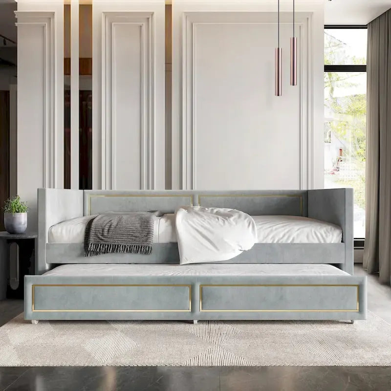 Divano Letto Singolo Imbottito in Velluto con Letto Estraibile, Pannello Bracciolo Alto e Dettagli in PU Dorato – Grigio Argento / Nero / Blu Navy, Posti Letto 1-2