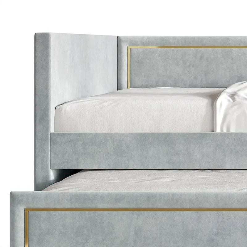Divano Letto Singolo Imbottito in Velluto con Letto Estraibile, Pannello Bracciolo Alto e Dettagli in PU Dorato – Grigio Argento / Nero / Blu Navy, Posti Letto 1-2