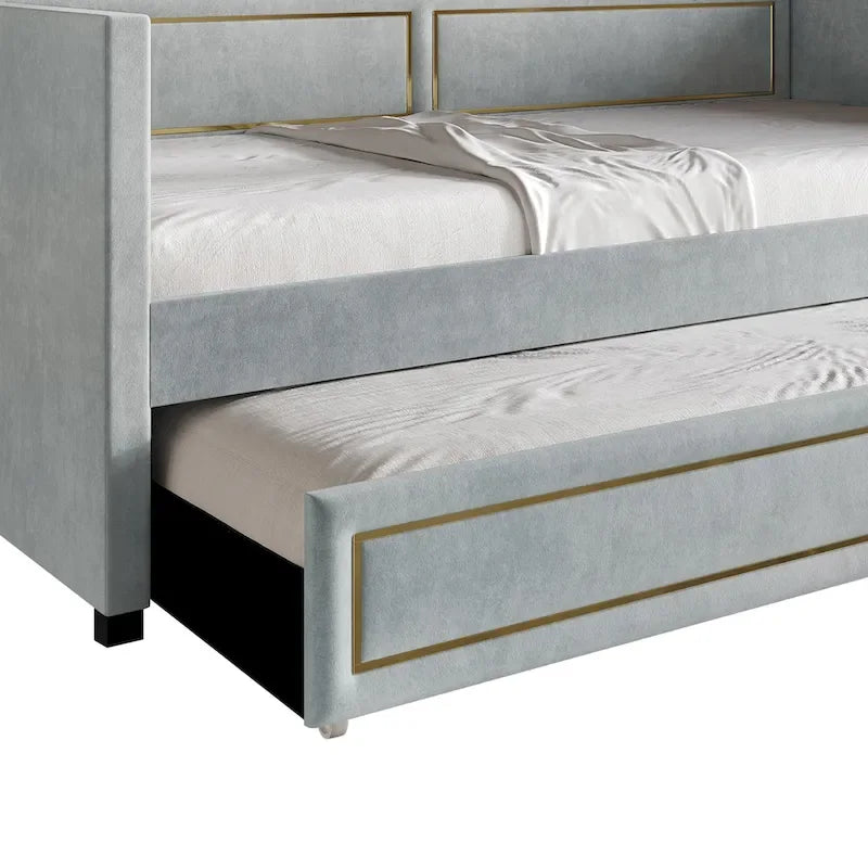 Divano Letto Singolo Imbottito in Velluto con Letto Estraibile, Pannello Bracciolo Alto e Dettagli in PU Dorato – Grigio Argento / Nero / Blu Navy, Posti Letto 1-2