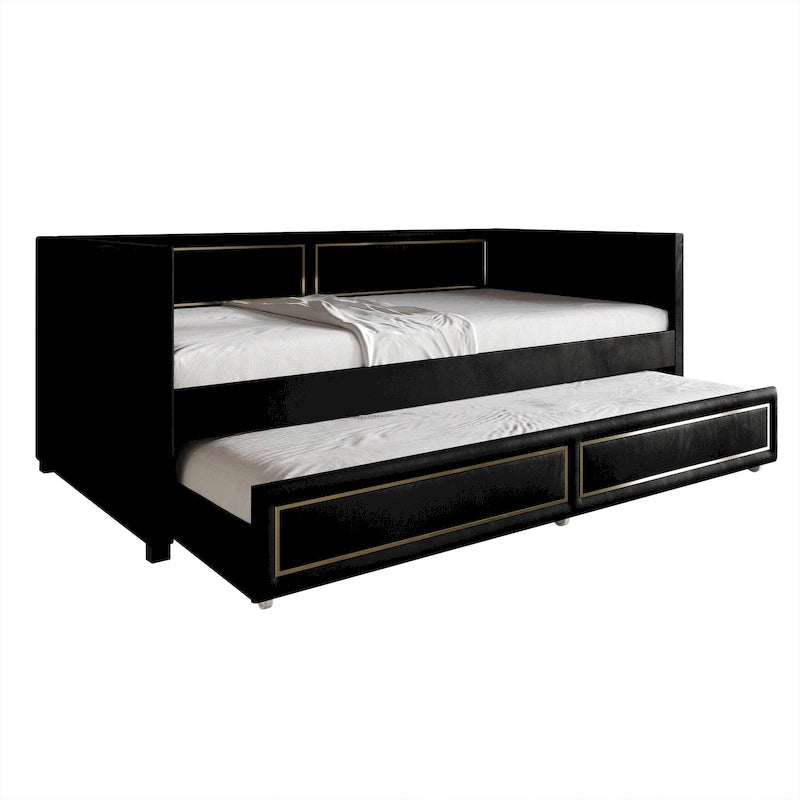 Divano Letto Singolo Imbottito in Velluto con Letto Estraibile, Pannello Bracciolo Alto e Dettagli in PU Dorato – Grigio Argento / Nero / Blu Navy, Posti Letto 1-2