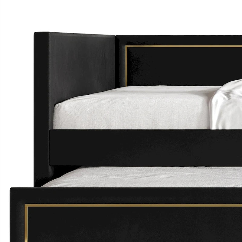 Divano Letto Singolo Imbottito in Velluto con Letto Estraibile, Pannello Bracciolo Alto e Dettagli in PU Dorato – Grigio Argento / Nero / Blu Navy, Posti Letto 1-2