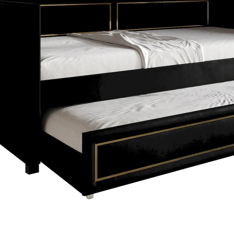 Divano Letto Singolo Imbottito in Velluto con Letto Estraibile, Pannello Bracciolo Alto e Dettagli in PU Dorato – Grigio Argento / Nero / Blu Navy, Posti Letto 1-2