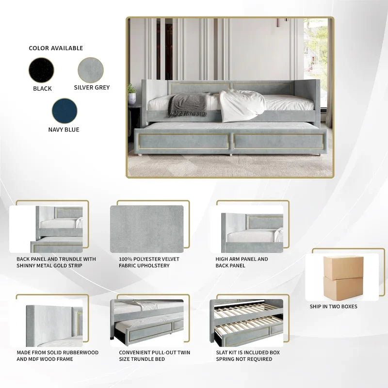 Divano Letto Singolo Imbottito in Velluto con Letto Estraibile, Pannello Bracciolo Alto e Dettagli in PU Dorato – Grigio Argento / Nero / Blu Navy, Posti Letto 1-2