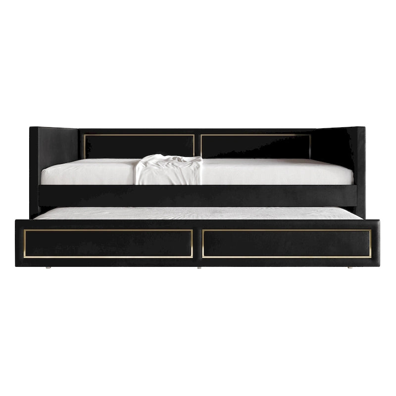 Divano Letto Singolo Imbottito in Velluto con Letto Estraibile, Pannello Bracciolo Alto e Dettagli in PU Dorato – Grigio Argento / Nero / Blu Navy, Posti Letto 1-2