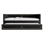 Divano Letto Singolo Imbottito in Velluto con Letto Estraibile, Pannello Bracciolo Alto e Dettagli in PU Dorato – Grigio Argento / Nero / Blu Navy, Posti Letto 1-2