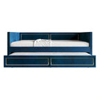 Divano Letto Singolo Imbottito in Velluto con Letto Estraibile, Pannello Bracciolo Alto e Dettagli in PU Dorato – Grigio Argento / Nero / Blu Navy, Posti Letto 1-2