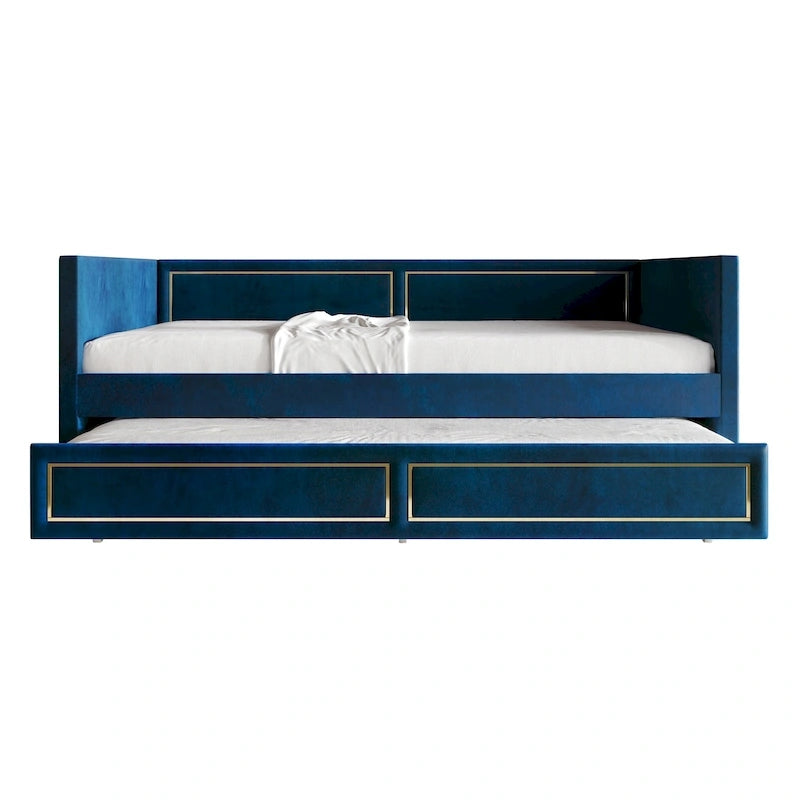 Divano Letto Singolo Imbottito in Velluto con Letto Estraibile, Pannello Bracciolo Alto e Dettagli in PU Dorato – Grigio Argento / Nero / Blu Navy, Posti Letto 1-2