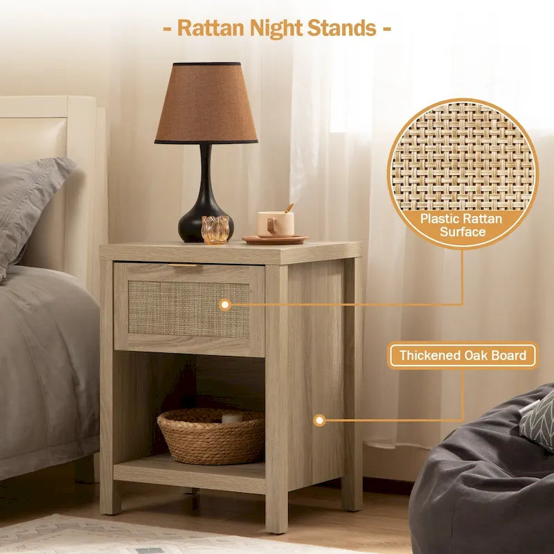 Comodino a cassetto in rattan stile rustico con ripiano aperto e gambe in legno massello – Nero / Rovere chiaro / Rovere, Singolo