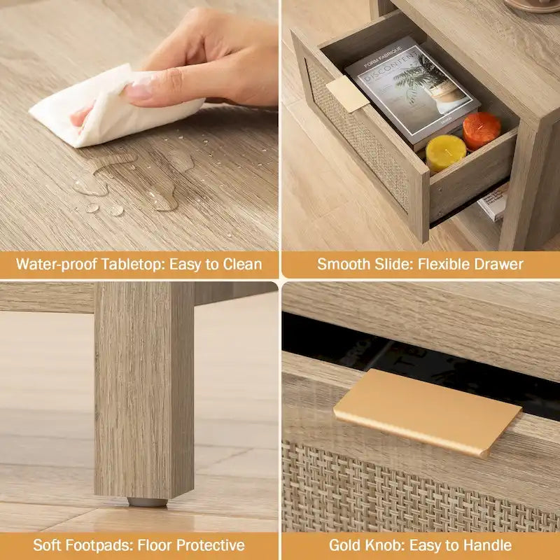 Comodino a cassetto in rattan stile rustico con ripiano aperto e gambe in legno massello – Nero / Rovere chiaro / Rovere, Singolo