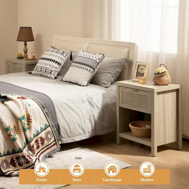 Comodino a cassetto in rattan stile rustico con ripiano aperto e gambe in legno massello – Nero / Rovere chiaro / Rovere, Singolo