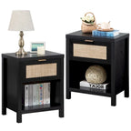 Comodino a cassetto in rattan stile rustico con ripiano aperto e gambe in legno massello – Nero / Rovere chiaro / Rovere, Singolo