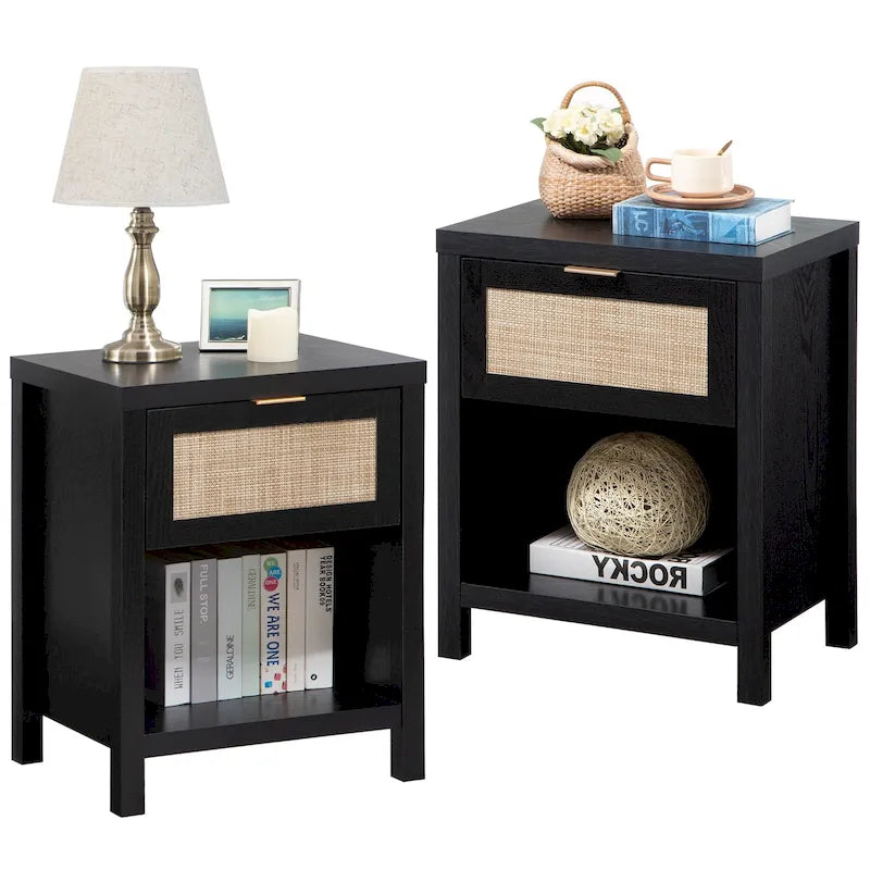 Comodino a cassetto in rattan stile rustico con ripiano aperto e gambe in legno massello – Nero / Rovere chiaro / Rovere, Singolo