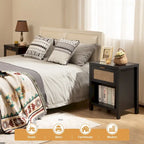 Comodino a cassetto in rattan stile rustico con ripiano aperto e gambe in legno massello – Nero / Rovere chiaro / Rovere, Singolo