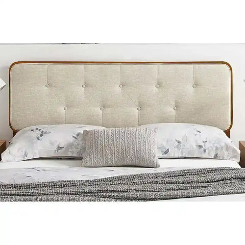 Beige Button-Tufted Fabric Headboard with Walnut Frame for Approx. 152 × 203 cm Mattress – product view