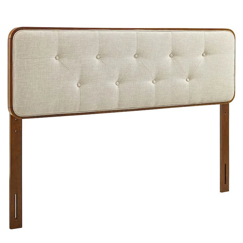 Beige Button-Tufted Fabric Headboard with Walnut Frame for Approx. 152 × 203 cm Mattress – product view
