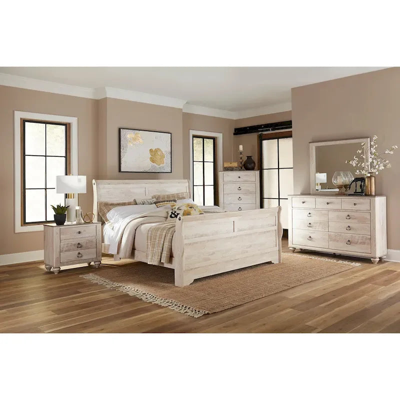 Camera da letto Sleigh White Wash Shabby Chic – White Wash, Queen/King, 2 posti letto