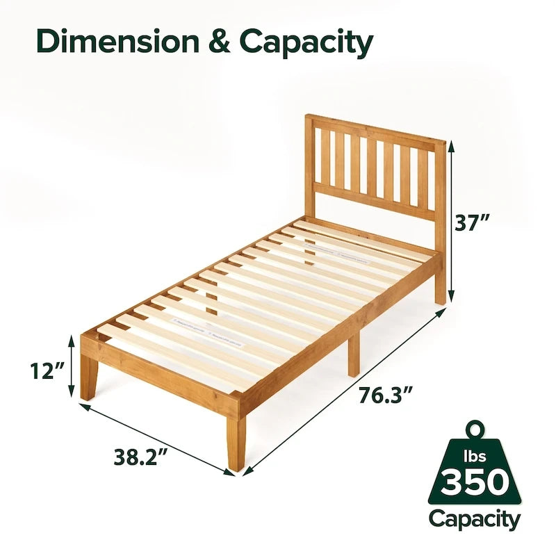 Struttura letto a piattaforma in legno di pino rustico con testiera e supporto a doghe in legno – Pino naturale, singolo / matrimoniale / queen / king, 1–2 posti