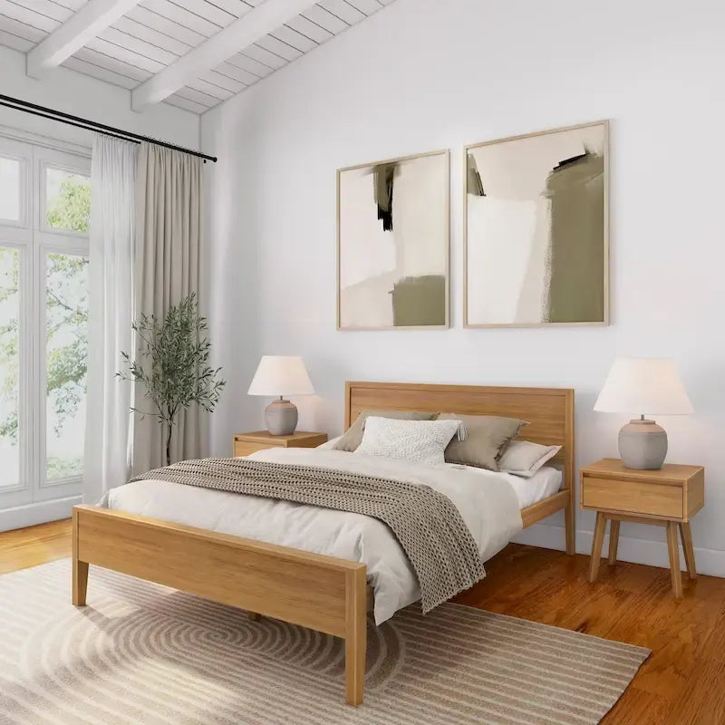 Letto matrimoniale moderno in legno di pino con testiera a pannelli – Argilla / Bianco / Grigio, per 2 persone