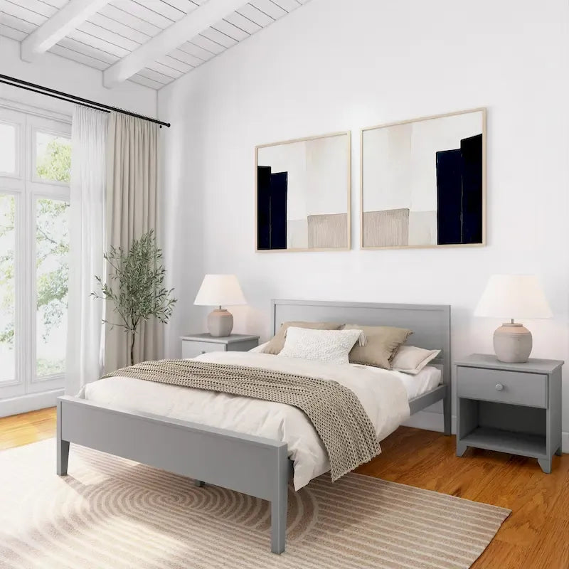 Letto matrimoniale moderno in legno di pino con testiera a pannelli – Argilla / Bianco / Grigio, per 2 persone
