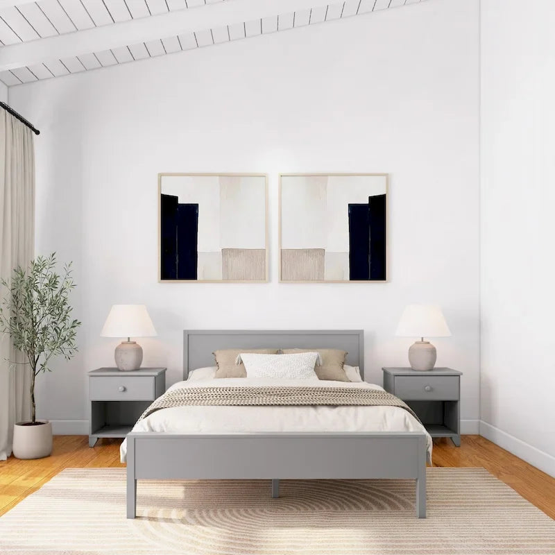 Letto matrimoniale moderno in legno di pino con testiera a pannelli – Argilla / Bianco / Grigio, per 2 persone