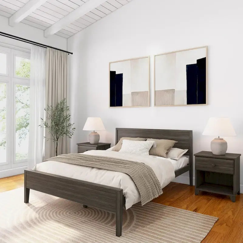 Letto matrimoniale moderno in legno di pino con testiera a pannelli – Argilla / Bianco / Grigio, per 2 persone