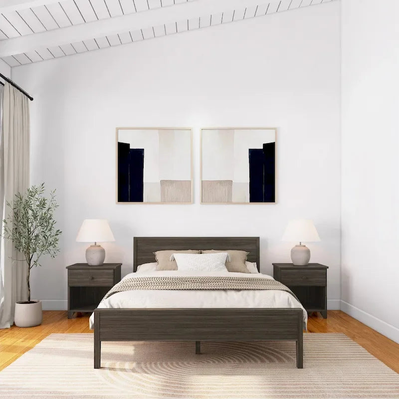 Letto matrimoniale moderno in legno di pino con testiera a pannelli – Argilla / Bianco / Grigio, per 2 persone