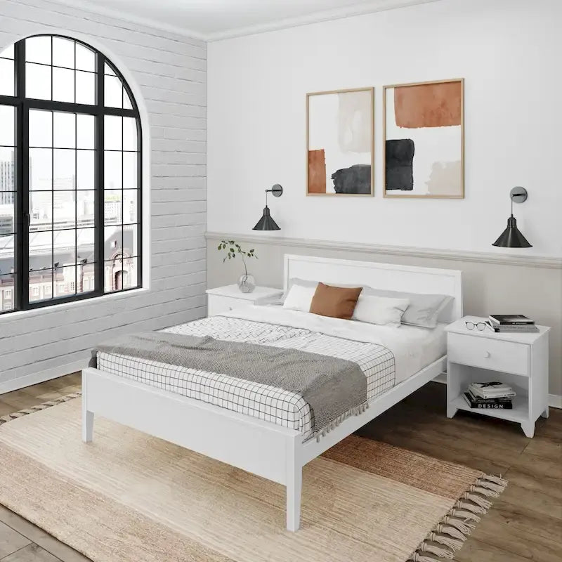 Letto matrimoniale moderno in legno di pino con testiera a pannelli – Argilla / Bianco / Grigio, per 2 persone