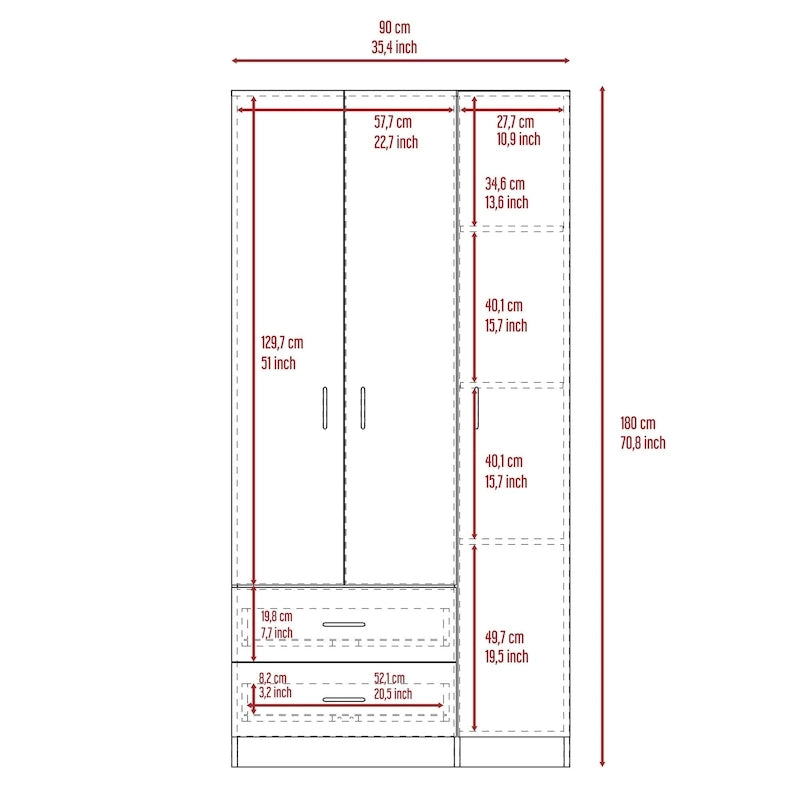 Armadio a 3 ante con asta appendiabiti, 5 ripiani e 2 cassetti – Espresso / Rosa / Grigio / Bianco, Singolo