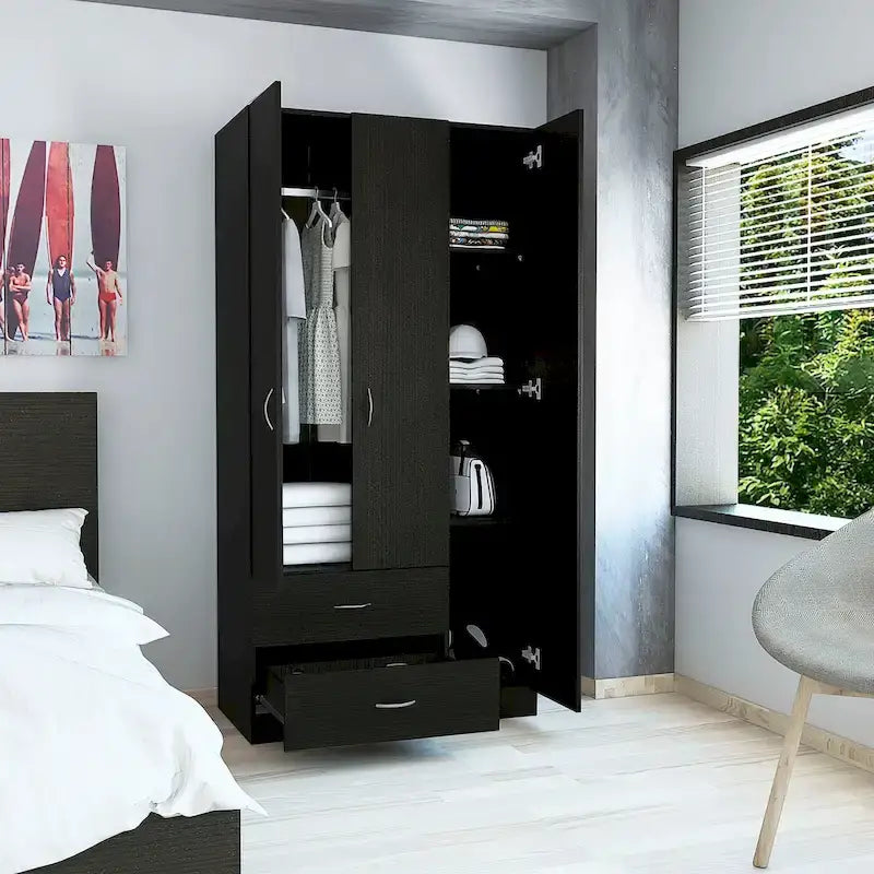 Armadio a 3 ante con asta appendiabiti, 5 ripiani e 2 cassetti – Espresso / Rosa / Grigio / Bianco, Singolo