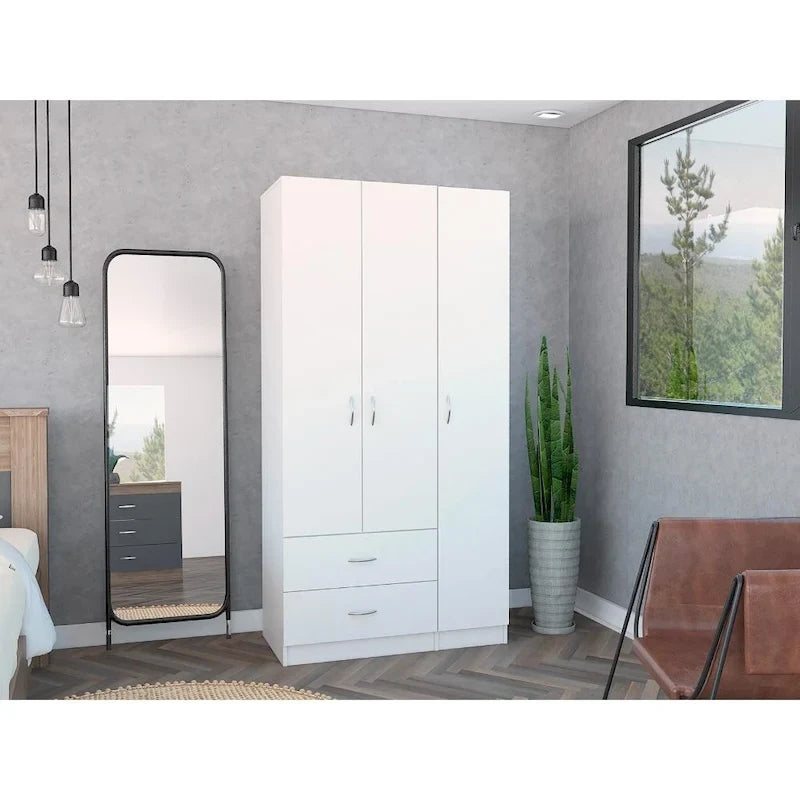 Armadio a 3 ante con asta appendiabiti, 5 ripiani e 2 cassetti – Espresso / Rosa / Grigio / Bianco, Singolo