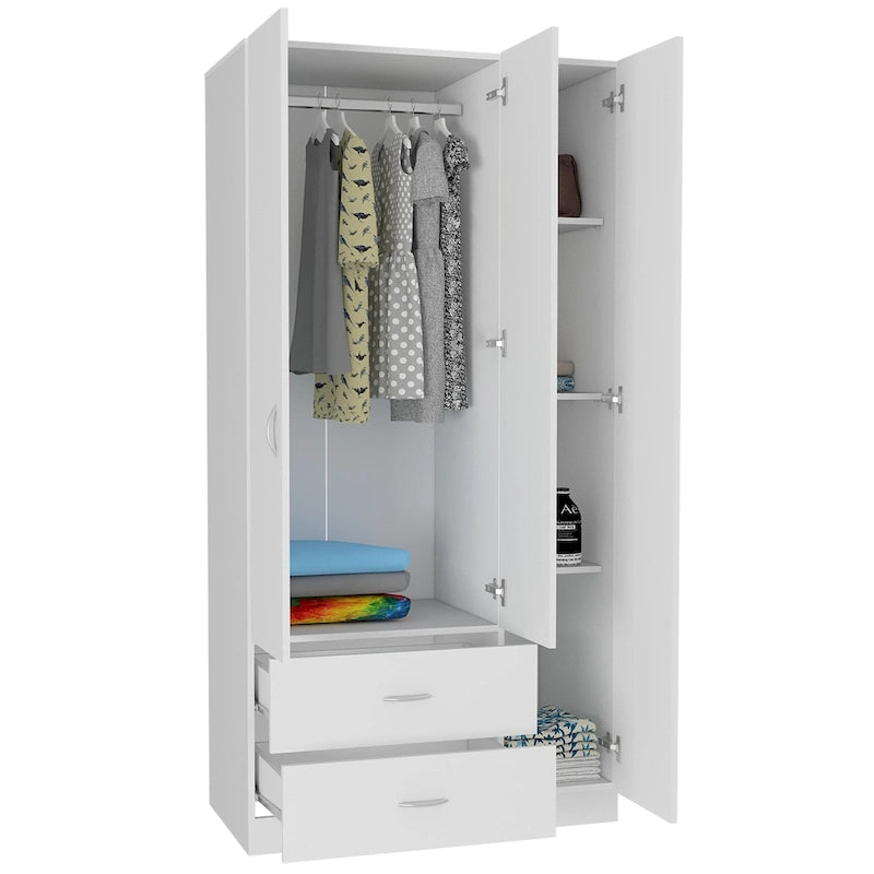 Armadio a 3 ante con asta appendiabiti, 5 ripiani e 2 cassetti – Espresso / Rosa / Grigio / Bianco, Singolo