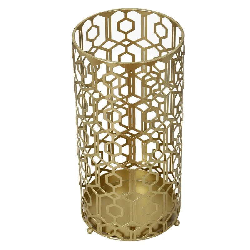 Portaombrelli in Metallo con Vaschetta Raccogligocce Rimovibile e Design a Trama Aperta – Oro/Nero, Singolo
