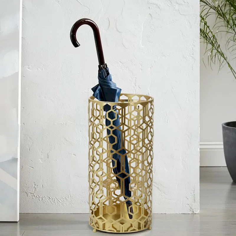 Portaombrelli in Metallo con Vaschetta Raccogligocce Rimovibile e Design a Trama Aperta – Oro/Nero, Singolo