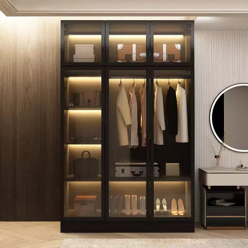 Famapy Armoire With LED Light and Glass Doors Wardrobe Cabinet
