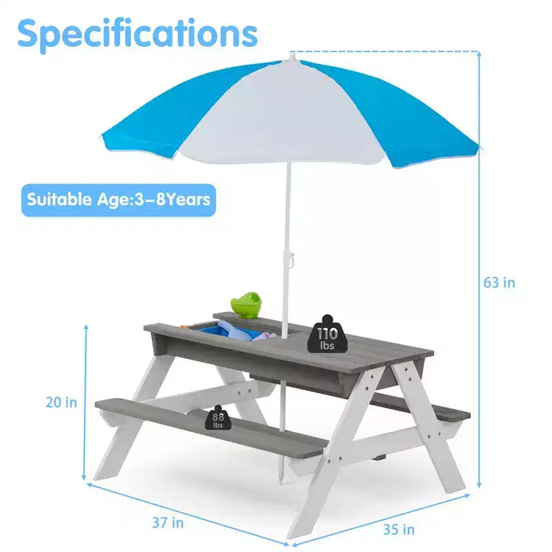 Tavolo da picnic 3 in 1 per bambini, tavolo da attività e pranzo in legno per esterni con ombrellone pieghevole regolabile, tavolo da picnic per bambini e bambine per campeggio all'aperto